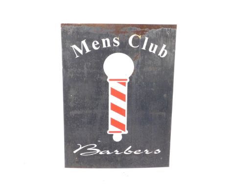 An enamel sign Mens Club Barbers, white lettering and a white and red stripe barber's pole, against a black ground, 126cm H, 
