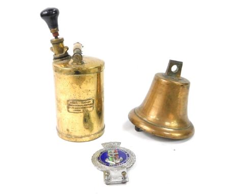 A brass ship's bell, 14.5cm Dia., together with a Moore &amp; Company ship's medical supplies brass spray canister, 25cm H, a