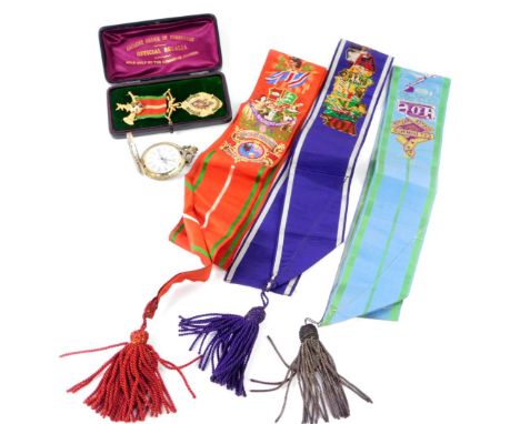 An Ancient Order of Foresters gilt metal and enamel jewel, boxed, together with three sashes and a Fine Master hunter pocket 