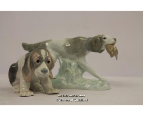 Lladro Hunting Dog with Duck, 11cm; Lladro Beagle Puppy Sitting 1071. (2)