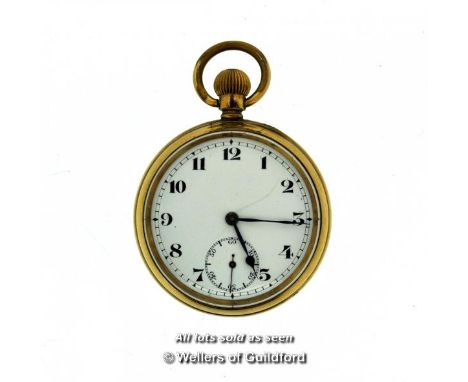 Gold plated pocket watch, white enamel dial with Arabic numerals and subsidiary seconds dial