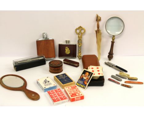 Collectibles to include leather cigar case, red lizard skin box, horn paperknife, two hip flasks, penknives, playing cards, e