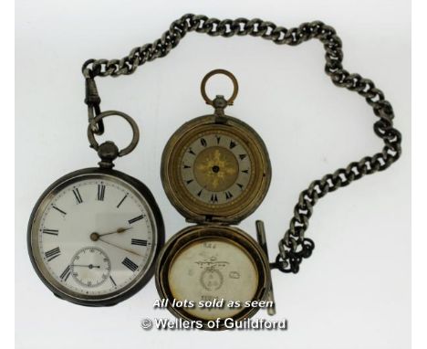 Pocket watch stamped 935 silver, with white enamel dial, Roman numerals and subsidiary seconds dial, with base metal Albert c