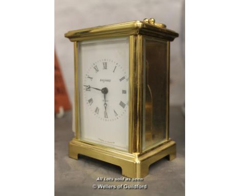 *A French brass lantern clock, brass dial with Roman numerals and two train movement, the back plate stamped Made in France 6