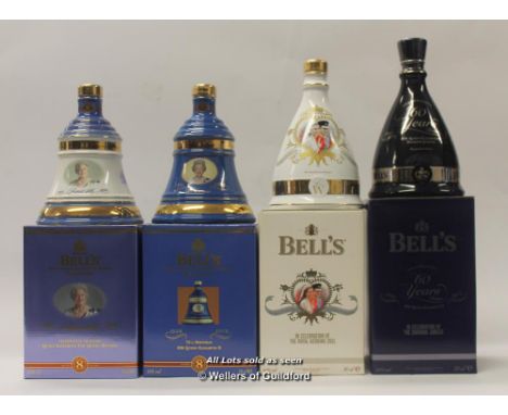 Bell's Scotch Whisky: four full commemorative decanters, the Queen's diamond jubilee, the wedding of the Duke and Dutchess of