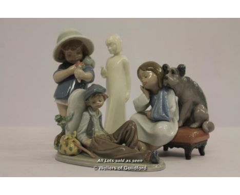 Lladro figure groups: Time to Rest, We Can't Play, the tallest 15cm; Nao child with bunch of flower; Royal Worcester figurine