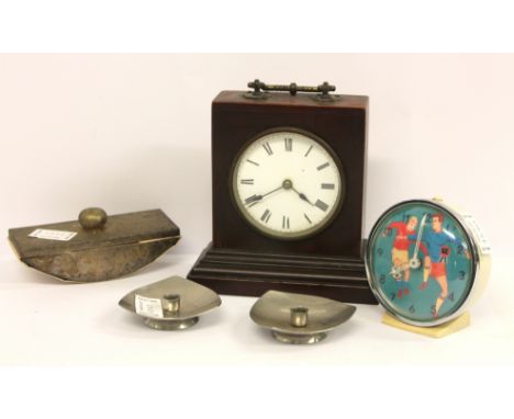 Late 19th Century timepiece; vintage football alarm clock; pair of Satinsteel candlesticks; old roller blotter.