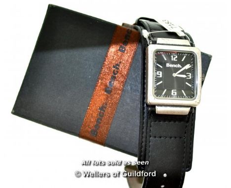 Gentlemen's Bench wristwatch, rectangular black dial with Arabic numerals and baton hour markers, a/f, second hand loose, bla