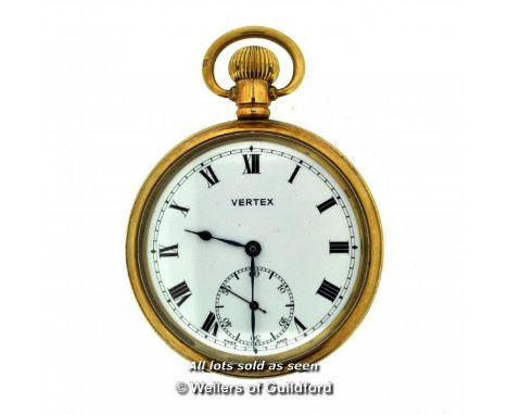Vertex gold plated pocket watch, white enamel dial with Roman numerals and subsidiary seconds dial, presentation watch with i