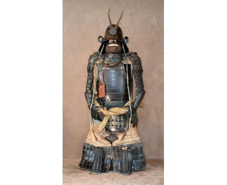 A Japanese Edo Suit of Armour, 1603-1868,  comprising a five plate brown lacquered iron Zunari kabuto with two plate shikoro,