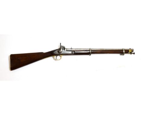 A Victorian Enfield Two Band Percussion Cavalry Carbine, the 53cm steel barrel with faint markings and V rear sight, the lock