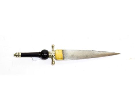 A 19th Century Plug Bayonet, the 20cm spear point steel blade double edged for the last 10cm, with flat brass bolster, German