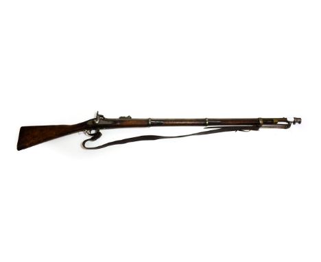 A Victorian Tower Three Band Percussion Musket, the 99cm steel barrel with various inspector's markings and hinged ladder rea