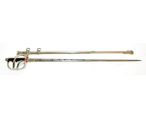 A Late 19th Century Italian Officer's Sword, the blade 79cm double edge blued and gilt steel blade etched with martial trophi