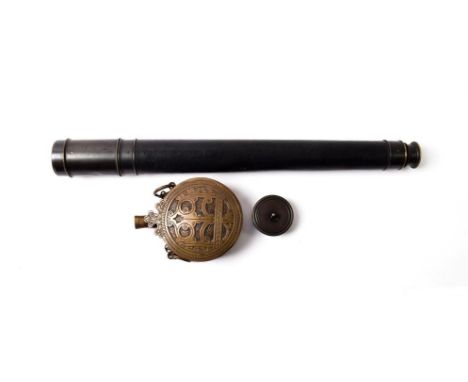 A 1 1/2'' Brass Single Draw Telescope, with anti-flare hood, pull-off lens cover, leather sleeve and sliding eyepiece cover, 