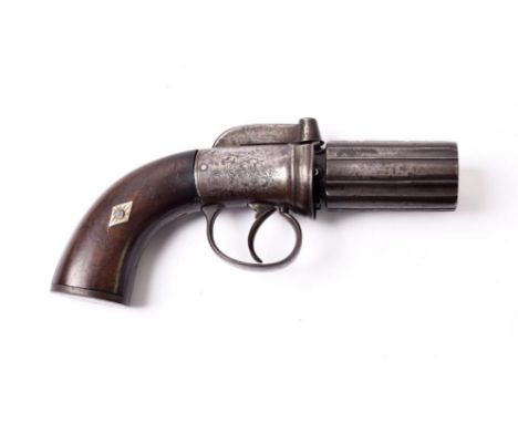 A 19th Century Six Shot Pepperbox Revolver, the 6cm steel cylinder with Birmingham proof marks, foliate engraved steel bar ha