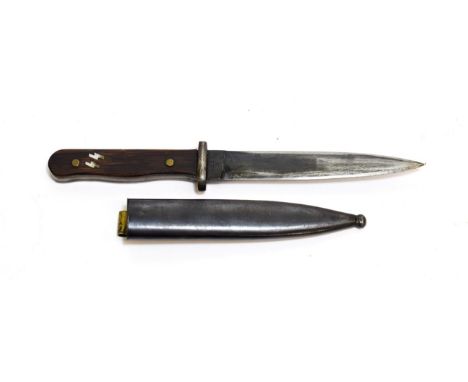 A Second World War German Fighting Knife, the 17cm double edge blackened steel blade stamped 9535/y to one side of the ricass