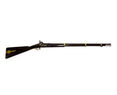 A 19th Century Percussion Three Band Sepoy Musket, the 84cm round steel barrel stamped BKA122 (AR)54  and with Farsi markings