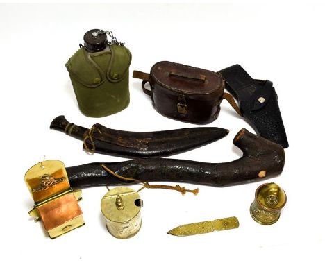 A Small Quantity of Militaria, including three pieces of First World War Trench Art and a plated sugar box and spoon; an Indi