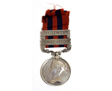 An India General Service Medal 1854-95, with two clasps BURMA 1885-7 and BURMA 1887-89, awarded to Lieut. N.S.Swanston M.S.C.