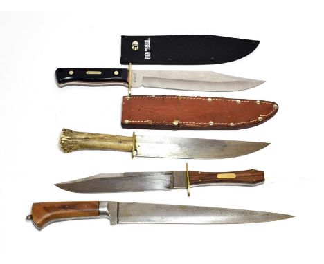A Khyber Type Knife, with 28cm single edge steel blade and walnut grip scales; a Modern Bowie Knife, the blade decorated with
