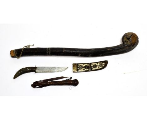 An Indian Small Knife, with single edge steel blade, curved horn handle and brass mounted bone and horn scabbard; a Shillelag