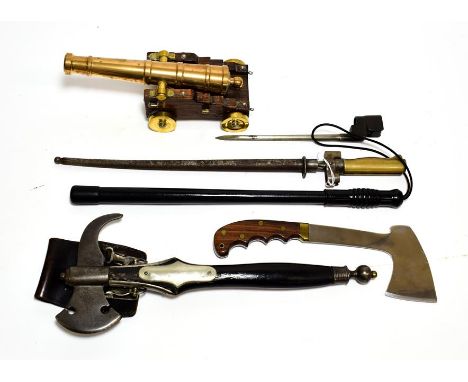 A French M1886/93/16 Lebel Bayonet, with cruciform steel blade, brass hilt and steel scabbard; also, a British No.4 Mk.II spi