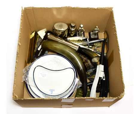 A Collection of Militaria, including three pottery canteen plates to the Bolton Artillery and Manchester Artillery, two white
