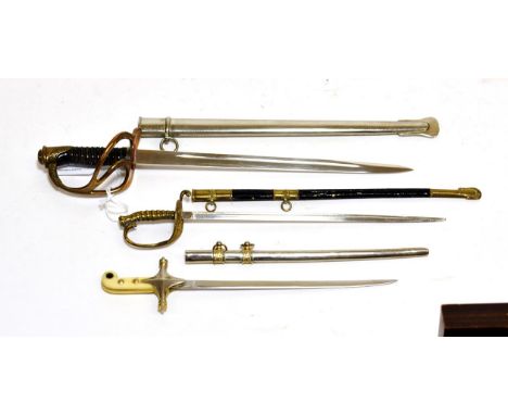 Three Miniature Sword Paperknives, one as a mameluke sword with ivory grip and parcel gilt plated scabbard, 21cm, one as a US