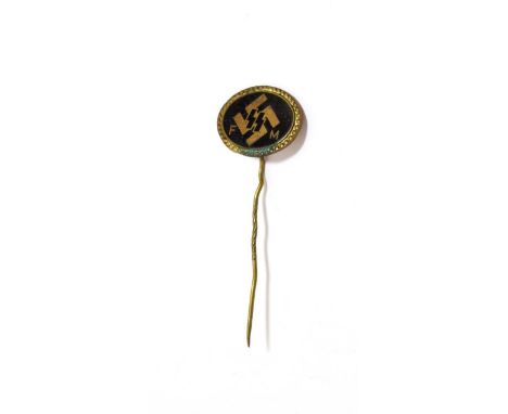 A German SS Supporting Member's Stick Pin, the oval black enamel panel with SS runes backed by a swastika and flanked by F an