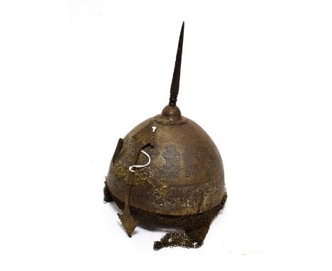 A 19th Century Indo-Persian Steel Khula Khud, with screw-in square tapering spike, the one piece domed skull chiseled and eng