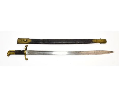 A British 1855 Lancaster Sword Bayonet, the 60.5cm quill back steel blade stamped at the ricasso with a helmeted bust, the op