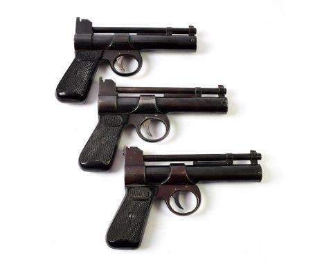 PURCHASER MUST BE 18 YEARS OF AGE OR OVER Three Webley Junior .177 Calibre Air Pistols, with blued finish, one with bronzed f