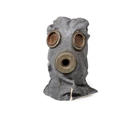 A Rare First World War German Hood for a Gas Mask, in fine grey cloth, the metal eyepieces with celluloid lenses, lacking its