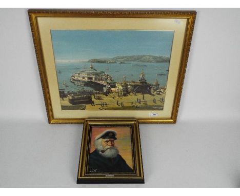 A small, framed oil on canvas portrait depicting an elderly sailor, signed lower left, approximately 24 cm x 19 cm image size