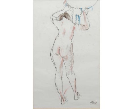 * HENRY BIRD (BRITISH 1909 - 2000),NUDE WITH HORNSpencil and pastel on paper, signed45cm x 28cmMounted, framed and under glas