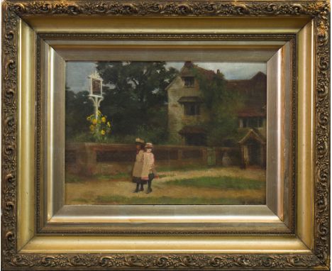 ADA R HOLLAND (ENGLISH 19TH/20TH CENTURY),TWO YOUNG GIRLS WALKING PAST A TAVERNoil on canvasboard, signed and dated verso "Ja
