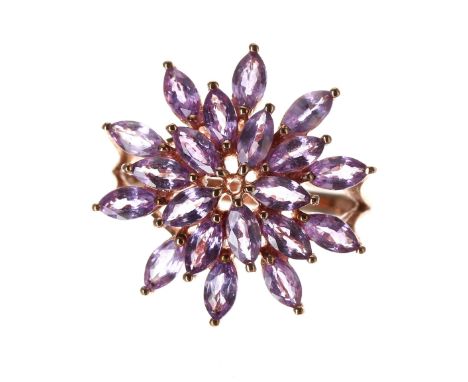 Modern 9ct rose gold Ceylon purple sapphire flower cluster ring, marquise-cut, 3.10ct approx in total, 4.5gm, 22mm, ring size