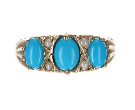 Attractive 9ct turquoise and pearl ring in a scroll design setting, 9mm 3gm, ring size R 