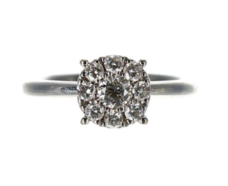 Modern 18ct white gold nine stone diamond cluster ring, round brilliant-cut, 0.30ct approx in total, 8mm, 3.3gm, ring size H/