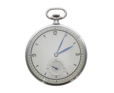 Chrome cased lever dress pocket watch, unsigned movement with compensated balance and regulator, silvered dial with Arabic 3-