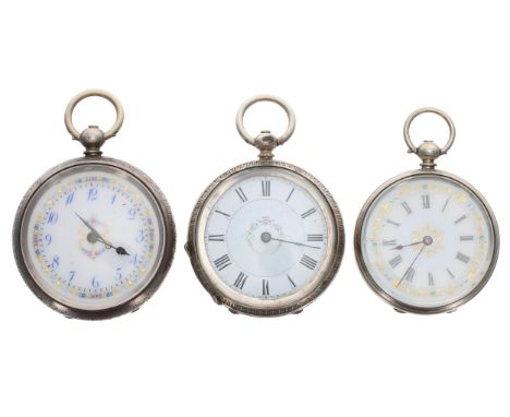 Two silver cylinder engraved fob watches; together with a silver cylinder engine turned fob watch, key (3) 