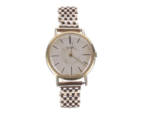 Baume gold plated and stainless steel gentleman's wristwatch, silvered dial with baton markers, 9ct bracelet, 39.0gm, 34mm-Bo