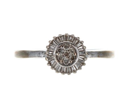9ct white gold circular diamond cluster ring, 8mm, 2.1gm, ring size L 