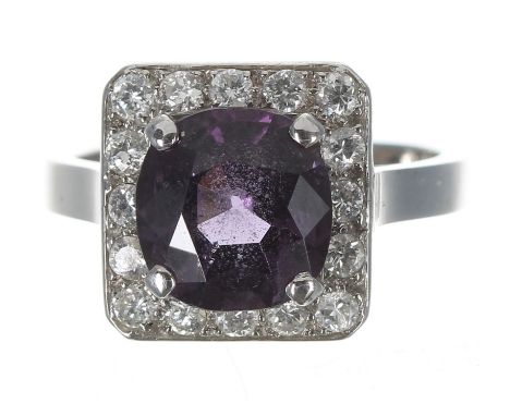 Attractive modern 18ct white gold purple spinel and diamond square dress cluster ring, the spinel 3.75ct approx, in a setting