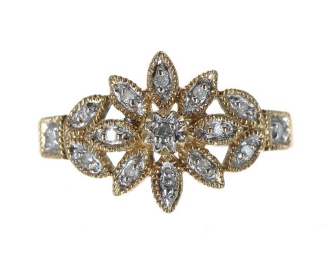 Floral design diamond set cluster ring, 12mm, 2.6gm, ring size L 