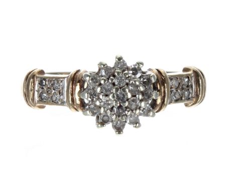 9ct diamond cluster ring with set shoulders, 9mm, 2.7gm, ring size M 
