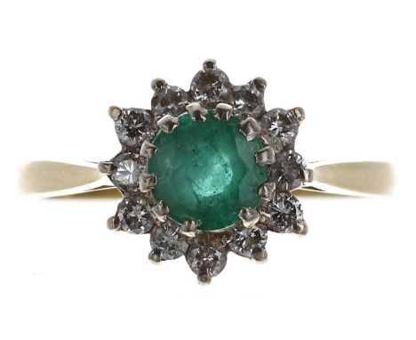 18ct yellow gold emerald and diamond circular cluster ring, the emerald 0.80ct approx, 11.5mm, 3.4gm, ring size P 