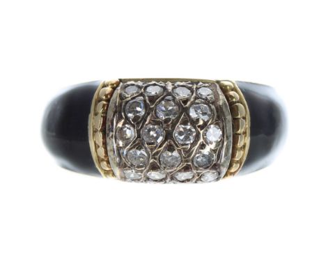 Antique gold and black enamel diamond set mourning ring, set with nineteen round diamonds, width 9mm, 5.5gm, ring size K/L 