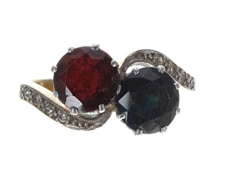 18ct sapphire and garnet set cross-over design ring with diamond set shoulders, 11mm, 5.7gm, ring size Q 